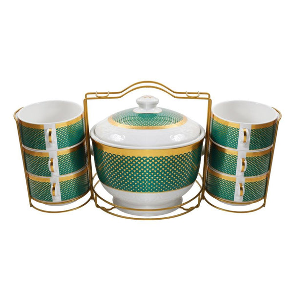 Deco Gold Abstract Print Ceramic Soup Tureen Casserole Dish Bowl Set of 16 Pcs with Stand 2.8 Litre/0.35 Litre