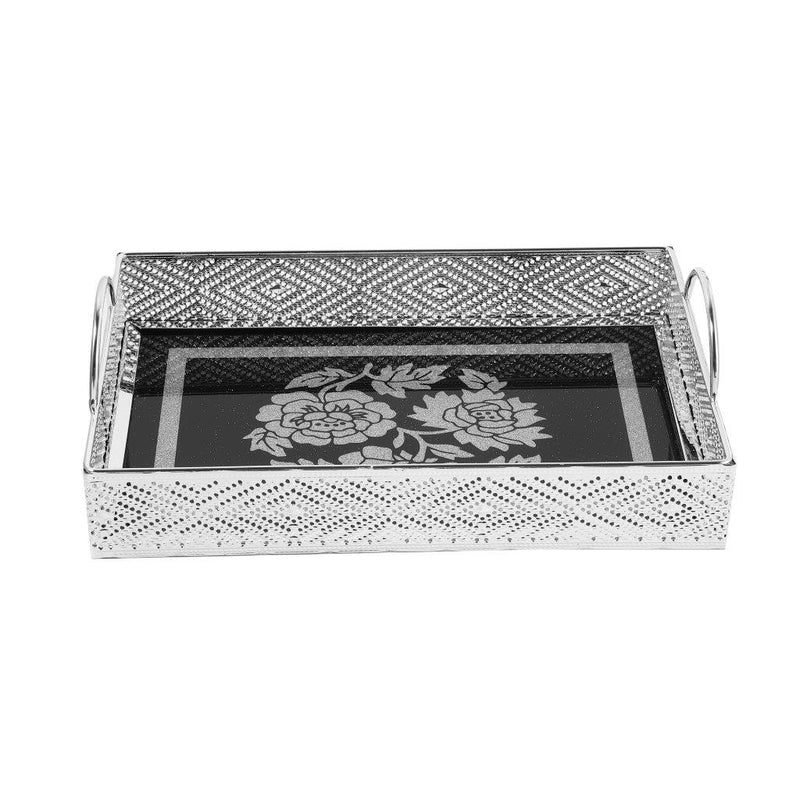 Deco Black and Silver Rectangle Serving Tray Set of 2 Pcs Metal Handles 25*35*5/30.5*20*5 cm