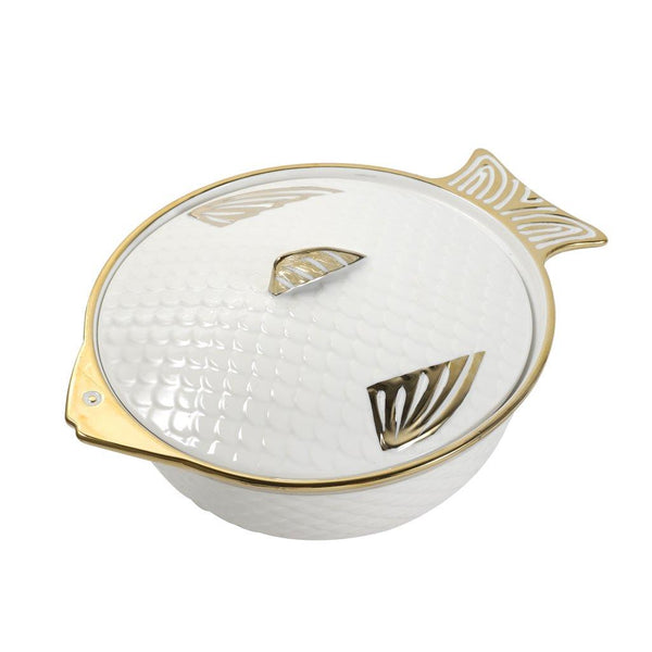 White Ceramic Gold Rim Bowl Fine Porcelain Dinnerware Tableware Serving Dish With Lid 29*22.5*9 cm