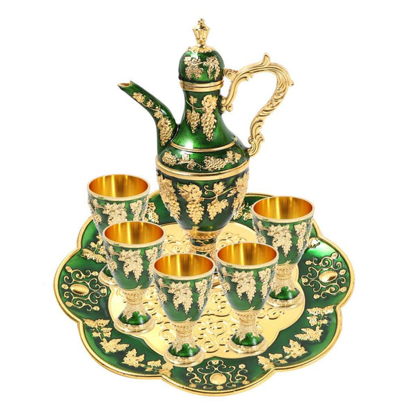 Luxury Turkish Coffee Pot Set Zam Zam Drinkware Set of 8 Pcs with Tray Turquouse Gold 24.5/24*5.2 cm