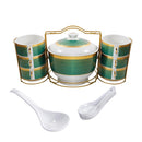 Deco Gold Abstract Print Ceramic Soup Tureen Casserole Dish Bowl Set of 16 Pcs with Stand 2.8 Litre/0.35 Litre