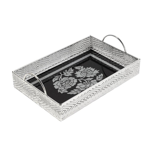 Deco Black and Silver Rectangle Serving Tray Set of 2 Pcs Metal Handles 25*35*5/30.5*20*5 cm