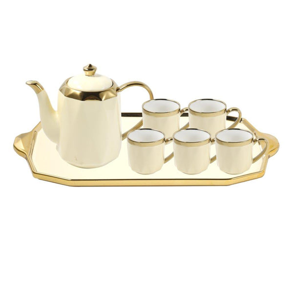 Ceramic Tea Cup and Saucer Set of 8 pcs with Teapot and Tray Cream Gold Pot 1200 ml Cup 250 ml