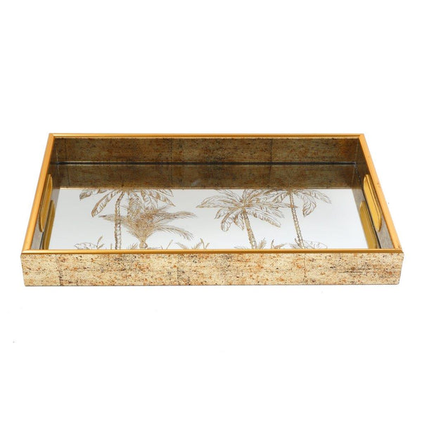 Deco Gold Square Mirror Base Palm Tree Print Serving Tray Set of 2 Pcs 40*25/45*30 cm h 4.5 cm