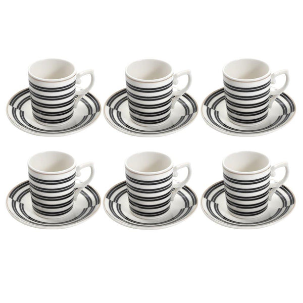 Ceramic Coffee Cup and Saucer Set Black and White 6 Pcs Abstract Print Design Set 90 ml