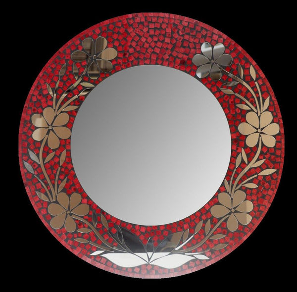 Decorative Handcrafted Glass Tiles Red Floral Round Mosaic Wall Mirror Diameter 60 cm