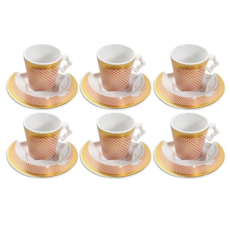 Ceramic Coffee Cup and Saucer Set of 6 Pcs Pink and Gold Abstract Print Design 200 ml