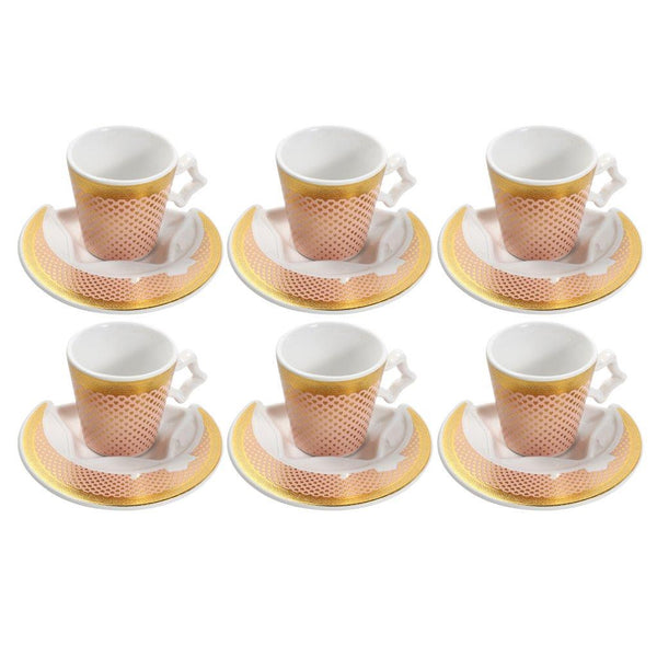 Ceramic Coffee Cup and Saucer Set of 6 Pcs Pink and Gold Abstract Print Design 200 ml