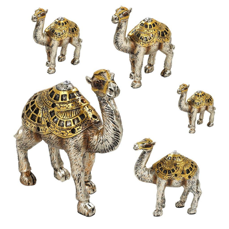 Sculpture Statue Resin Figurine Camel Flock of 5 Pearl Gold Color 11*5*14/6*2.5*7 cm