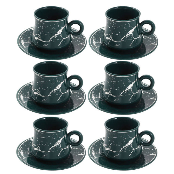 Ceramic Tea and Coffee Cup and Saucer Set of 6 pcs Turquoise Marble Design 100 ml
