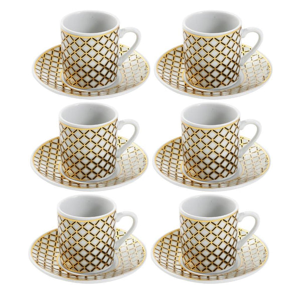 Ceramic Coffee Cup and Saucer Set of 6 pcs White Gold Block Design 90 ml