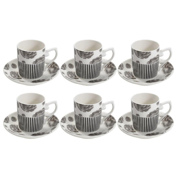 Ceramic Coffee Cup and Saucer Set Black and White 6 Pcs Abstract Floral Design Set 90 ml