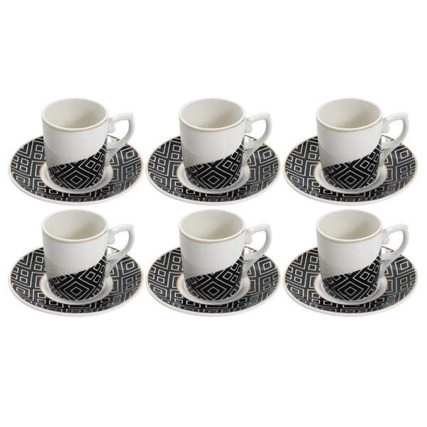 Ceramic Coffee Cup and Saucer Set White and Black 6 Pcs Abstract Print Design Set 100 ml