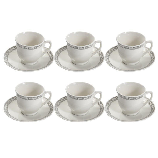 Ceramic Coffee Cup and Saucer Set White and Grey 6 Pcs Greek Key Print Design Set 90 ml