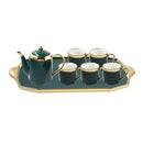 Ceramic Tea Cup and Saucer Set of 8 pcs with Teapot and Tray Turquoise Gold Pot 1200 ml Cup 250 ml