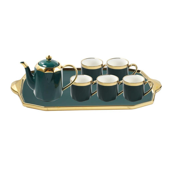 Ceramic Tea Cup and Saucer Set of 8 pcs with Teapot and Tray Turquoise Gold Pot 1200 ml Cup 250 ml