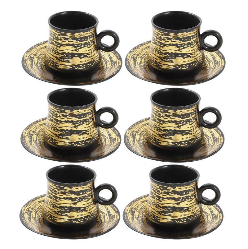 Ceramic Tea and Coffee Cup and Saucer Set of 6 pcs Black Gold Abstract Design 180 ml