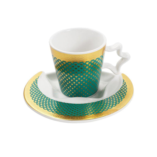 Ceramic Coffee Cup and Saucer Set of 6 Pcs Green and Gold Abstract Print Design 200 ml