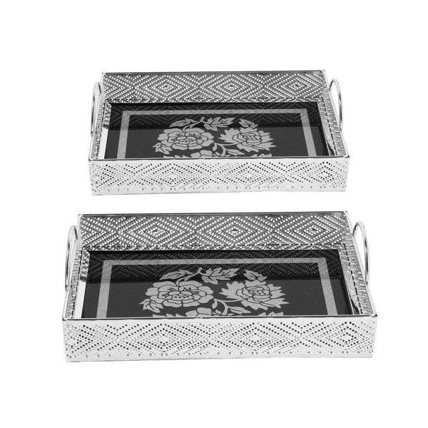 Set of 2 Deco Black and Silver Rectangular Serving Trays with Flower Design - Stylish Serving Essentials