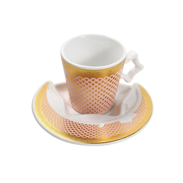 Ceramic Coffee Cup and Saucer Set of 6 Pcs Pink and Gold Abstract Print Design 200 ml