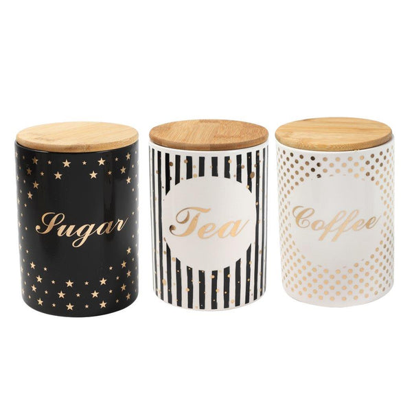 Ceramic Tea Coffee Sugar Airtight Canister Bamboo Lid Abstract Print Set of 3 Pcs 11*16 cm