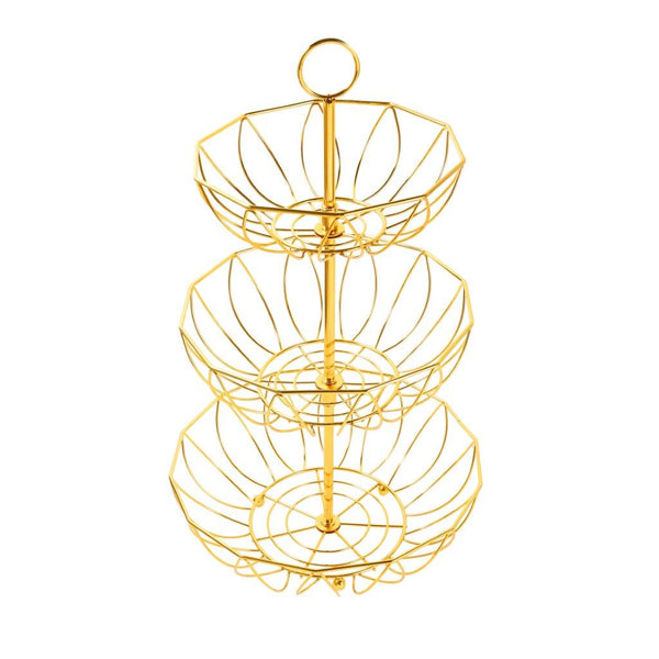 Gold Plated Iron Fruit Vegetable Basket Three Tier 30*30*52 cm