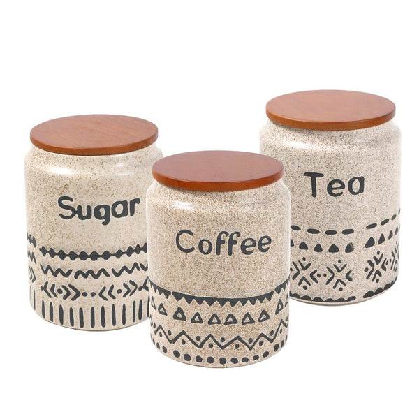 Ceramic Tea Coffee Sugar Airtight Cansiter Bamboo Lid Abstract Print Set of 3 Pcs 10*14.5 cm