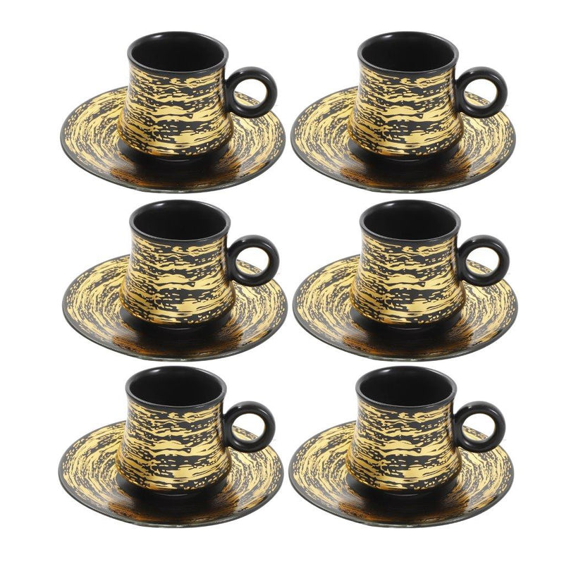 Ceramic Tea and Coffee Cup and Saucer Set of 6 pcs Black Gold Abstract Design 100 ml