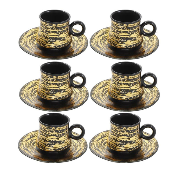 Ceramic Tea and Coffee Cup and Saucer Set of 6 pcs Black Gold Abstract Design 100 ml