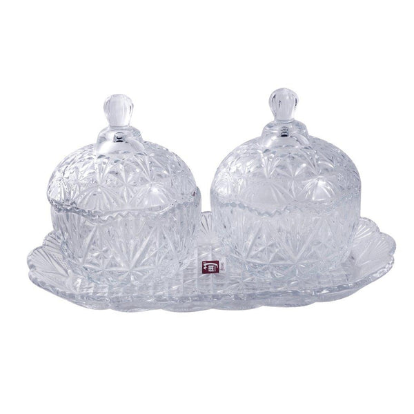 Crystal Glass Round Sugar Bowl Candy Jar Set with Tray