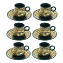 Ceramic Tea and Coffee Cup and Saucer Set of 6 pcs Turquoise Gold Abstract Design 180 ml