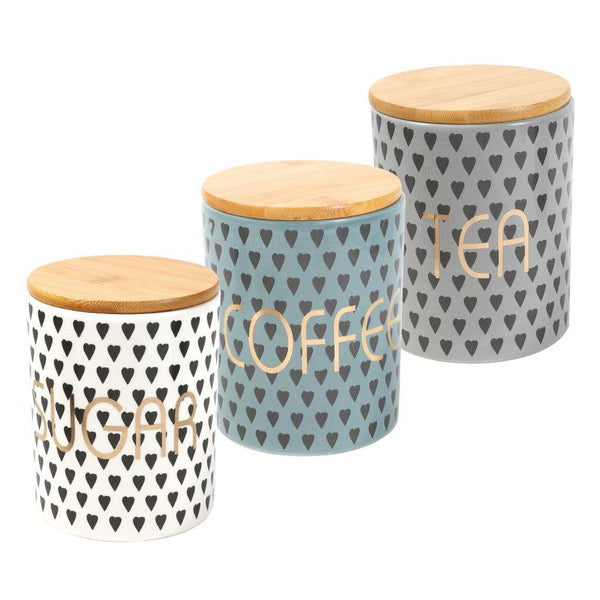 Ceramic Tea Coffee Sugar Airtight Canister Bamboo Lid Abstract Print Set of 3 Pcs 11*13 cm