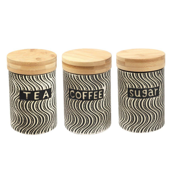 Ceramic Tea Coffee Sugar Airtight Cansiter Bamboo Lid Abstract Print Set of 3 Pcs 10*15 cm