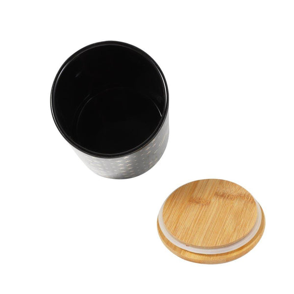 Ceramic Tea Coffee Sugar Airtight Canister Bamboo Lid Abstract Print Set of 3 Pcs 11*16 cm