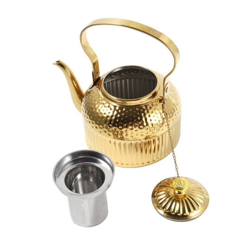 Stainless Steel Gold Plated Hammer Grain Stovetop Tea Pot Kettle with Infuser 1.4 Litre