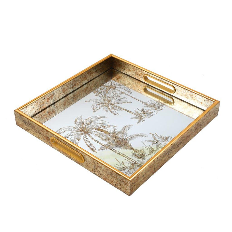 Deco Gold Square Mirror Base Palm Tree Print Serving Tray Set of 2 Pcs 37*37/34*34 cm