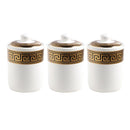 Ceramic Tea Coffee Sugar Spices Canister with Stand Set of 3 Pcs Black and Gold Print Design - D: 10 cm, H: 13 cm - Classic Homeware & Gifts